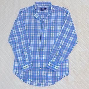 Vineyard Vines Classic Fit Tucker Shirt Blue White Coral Plaid Button Down